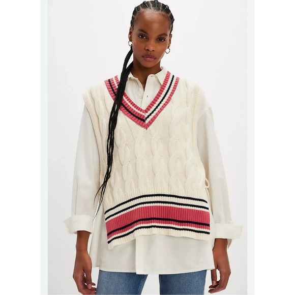 Free People Sweaters - Free People Coastal Prep Poncho Vest Cable‎ Sweater Knit Pink Cream One Size
